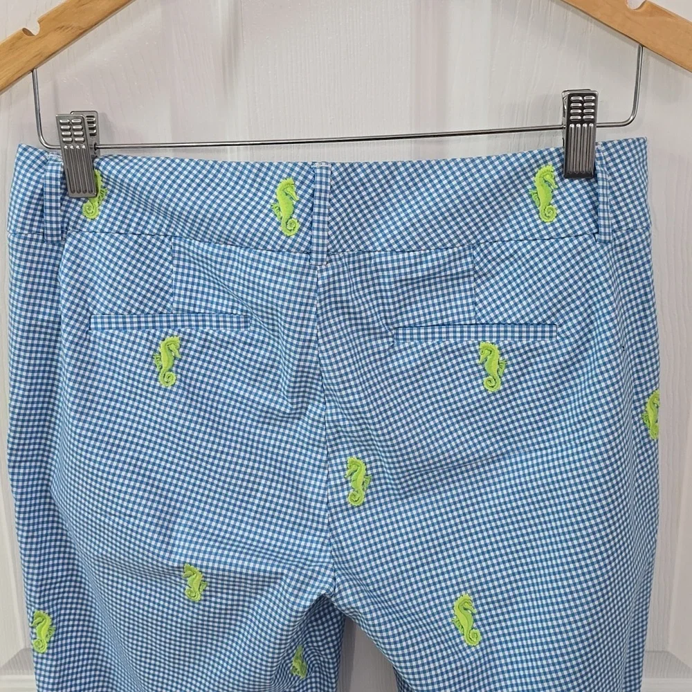 J. Crew Women's Blue Gingham Embroidered Seahorse Flare Stretch Pants Size 2